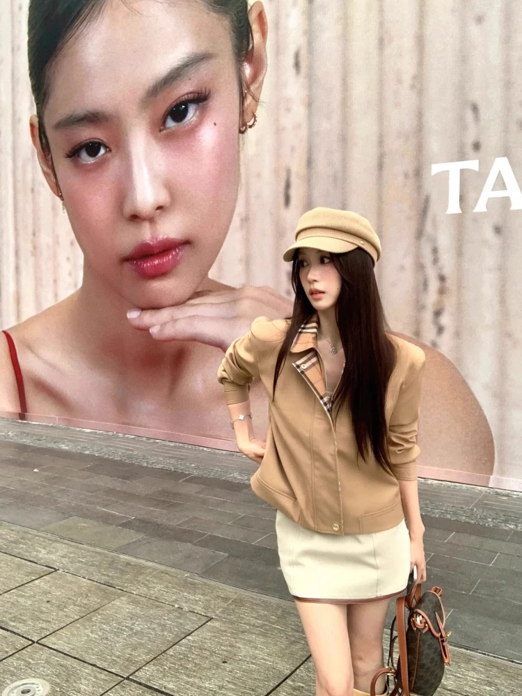 

British Style Plaid Loose Fit Jacket Outerwear Women's Commute Style Zipper Closure Short Length Versatile Checkered Coat