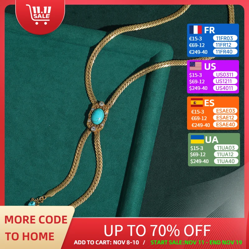

Long Retro Adjustable Chain Pendant Necklace Woman Natural Stone Turquoise Vintage Gold Color Luxury Jewelry Designers 2025 New