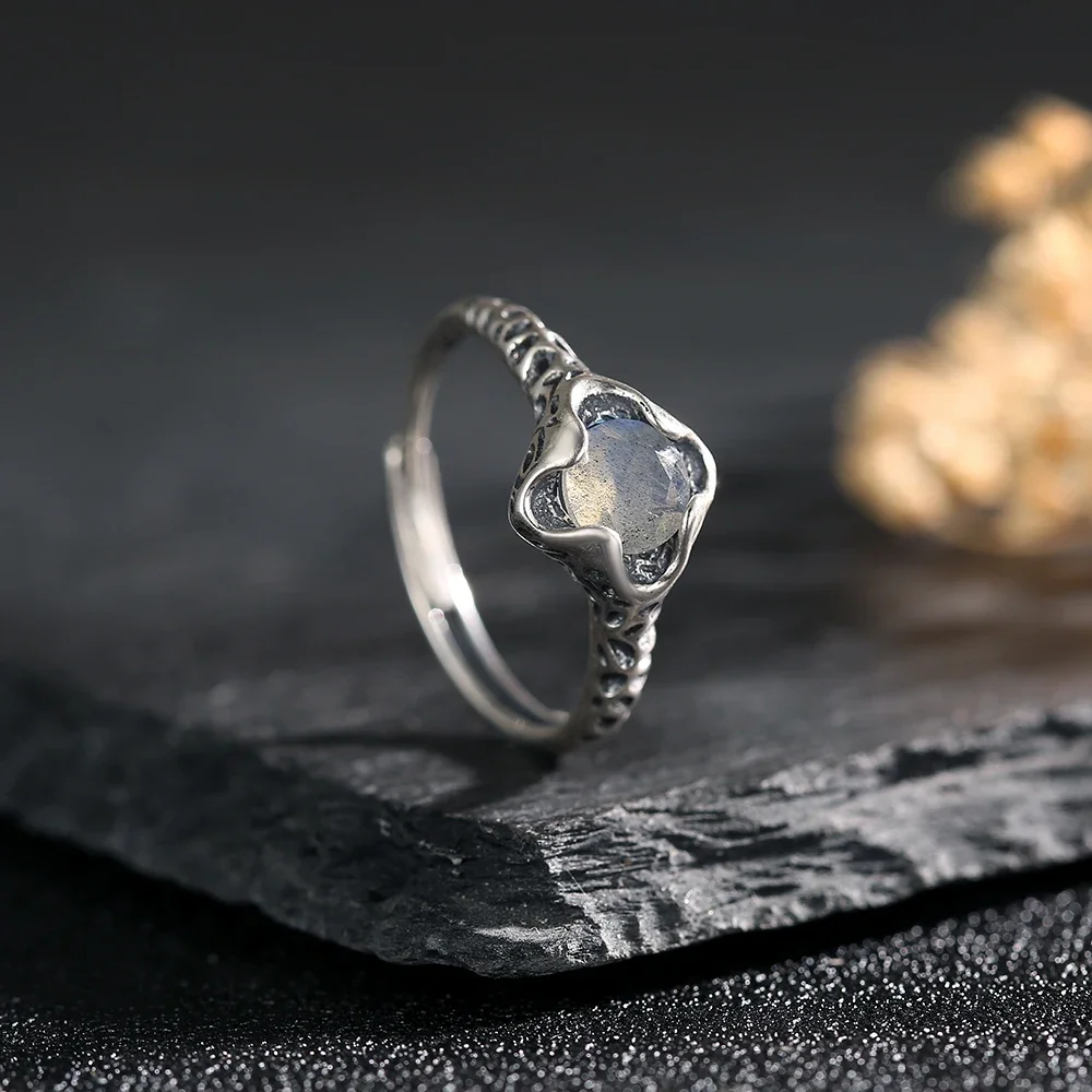 

Genuine 925 Silver Ring for Women Natural Moon Stone Faceted Cut Gemstone Ring Leopard Pattern Design Adjustable Bands Jewelry
