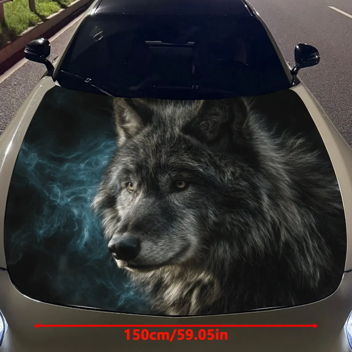 Car Decals Wolf with Thick Gray Fur, a Gazing Expression, and a Misty Blue Backdrop Car Hood Sticker, Waterproof Self - Adhesive
