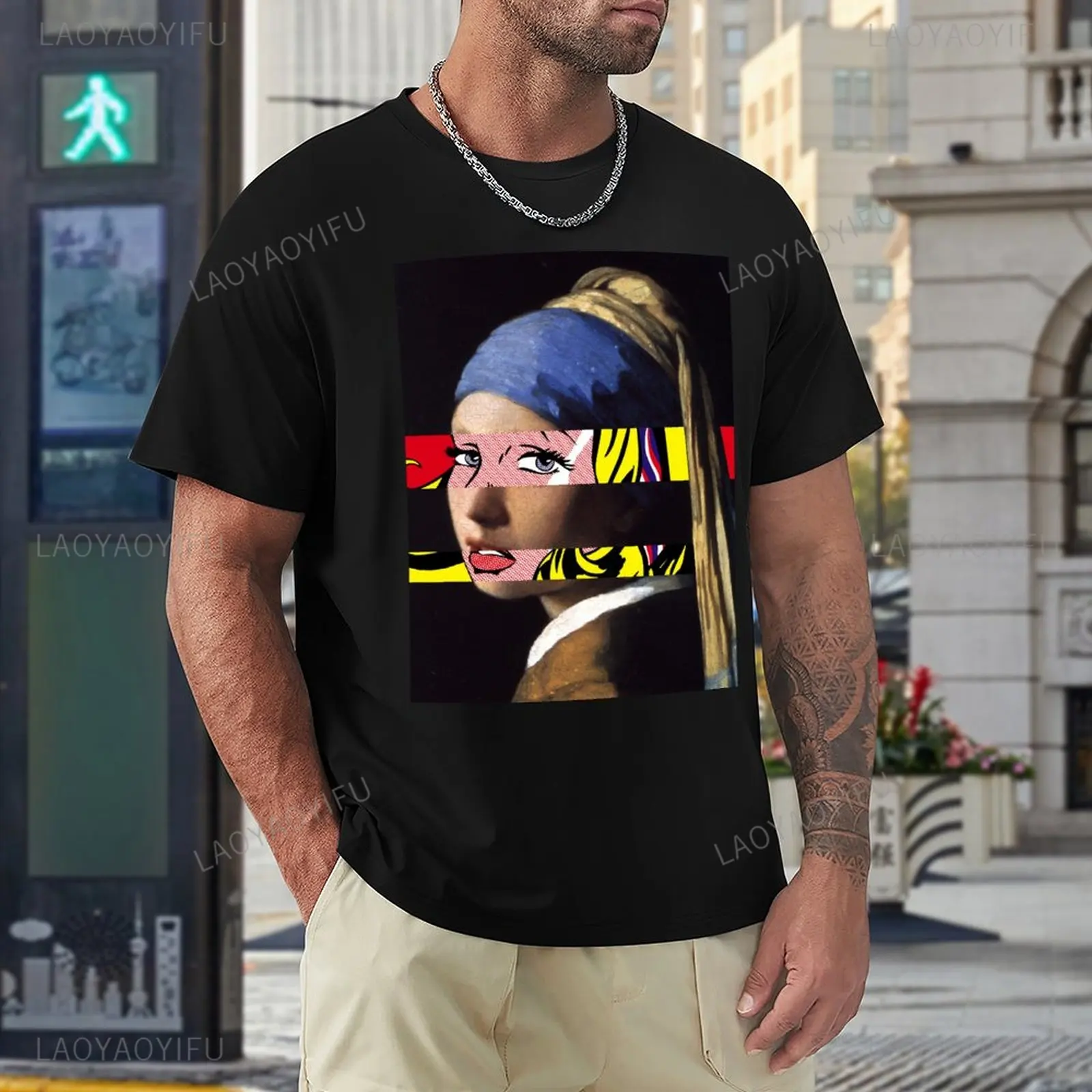 Vermeer Girl with A Pearl Earring Meets Roy Cotton Men's Clothing Lichtenstein Girl with Hair Ribbon Women Vintage Classic Top