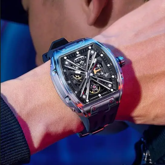 PONIGER Orologio automatico da uomo 46*51mm Tonneau Orologio da polso meccanico Zaffiro luminoso 5Bar Quadrante scheletrato impermeabile