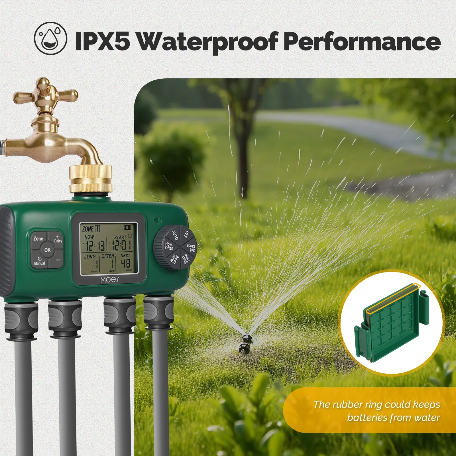 MOES Temporizador de água digital de 4 saídas, botão de entrada de latão, irrigação automática, tela LCD, IPX5, ferramentas de jardim, sprinklers