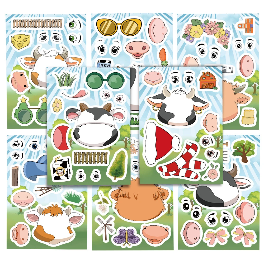 

8/16sheets Cute Little Cow Puzzle Stickers Cartoon Animal Make a Face Game Funny Children Assemble Jigsaw Toy Kid Party DIY Game