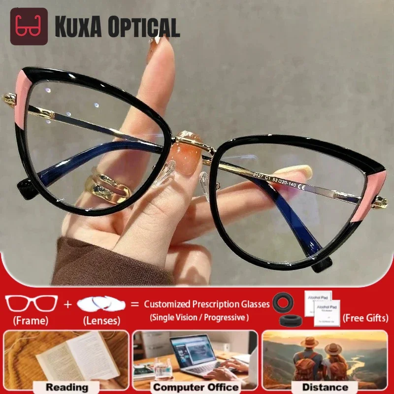 

KUXA Simple Cat Eye Customization Prescription Eyeglasses Women Fashion Multifocal Reading Glasses Myopia Optical Christmas
