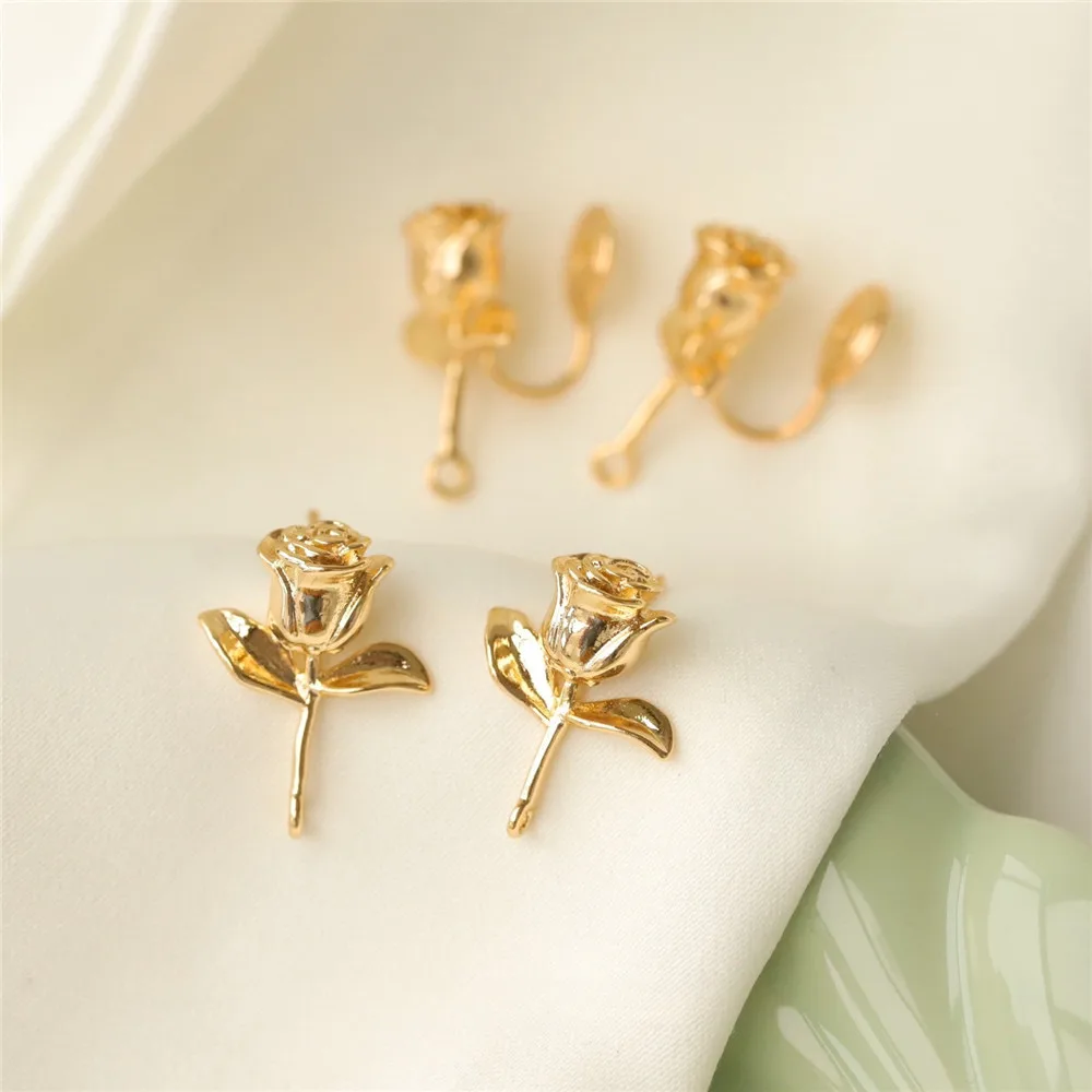 Copper-plated Real Gold Romantic Three-dimensional Rose 925 Silver Needle Stud Earrings DIY Handmade Charm Accessories