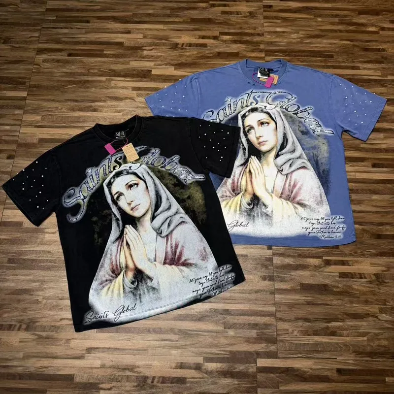 Blue Pearl Short Sleeve Saint Tshirts Vintage Distressed Washed Worn Prayer Woman Cotton Round Neck Short Sleeve Men Sports Tops