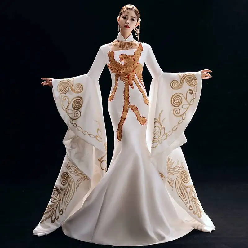 White Gold Phoenix Embroidery Wide Sleeves Fish Tail Chinese Style Host Runway Show Vocal Art Exam Performance Dress