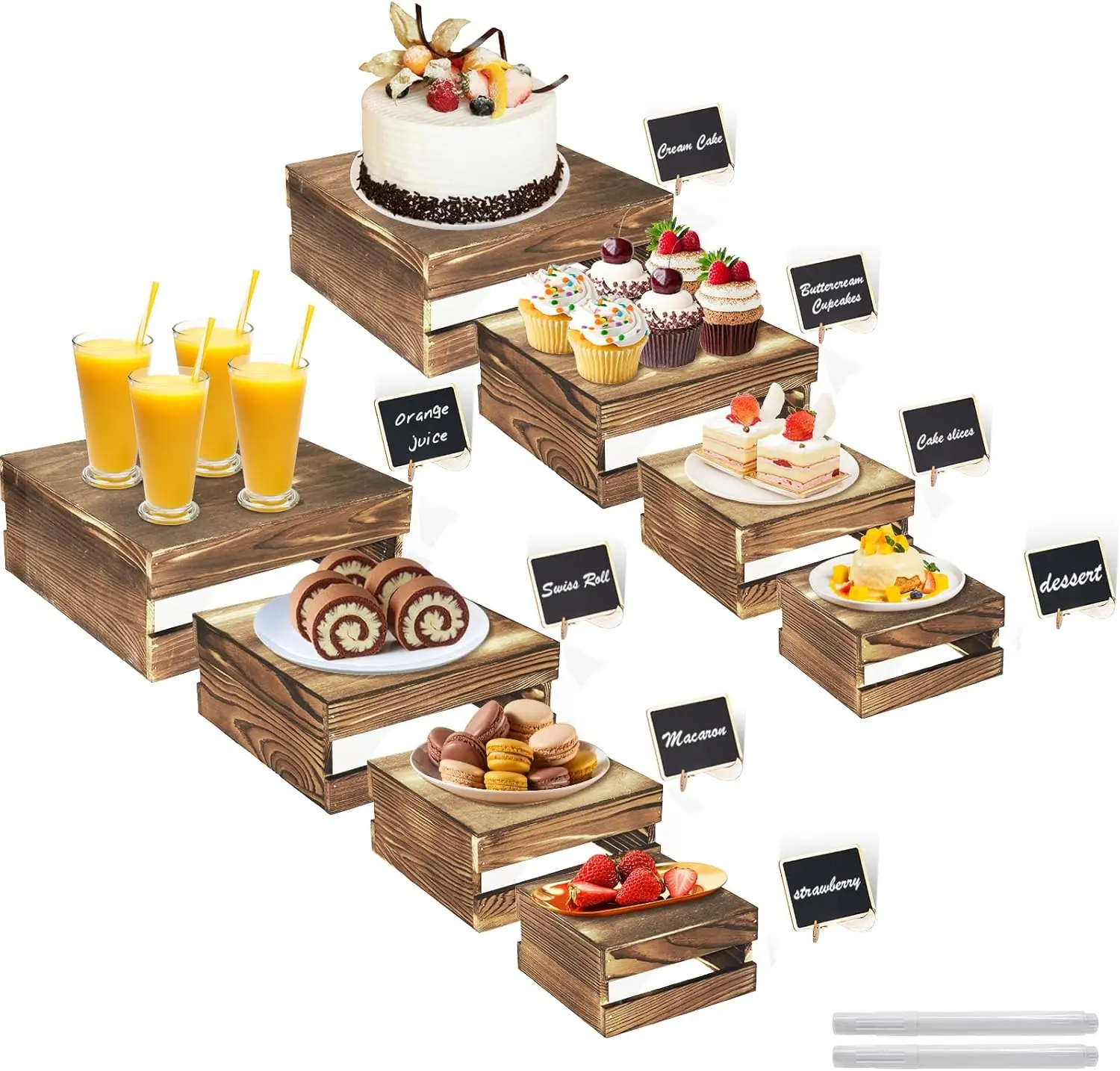 

8 Pcs Rustic Wood Cake Stands with Mini Signs, Food Risers for Buffet Table, Dessert Display in 4 Sizes
