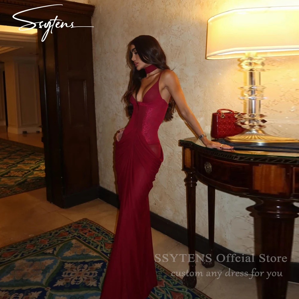 

SSYTENS Burgyndy Chiffon Prom Dress Charming Lace Mermaid Wedding Guest Dresses Luxury 2026 Backless Evening Gowns Customized