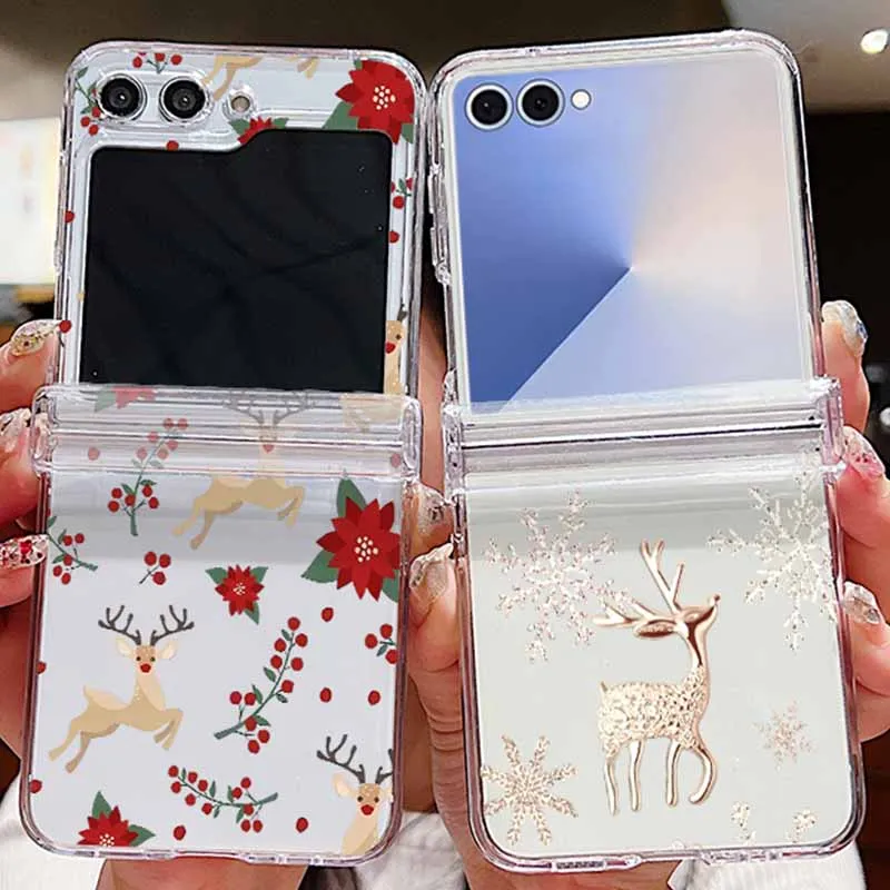 Christmas Tree Elk Pattern Clear Phone Case For Samsung Galaxy Z Flip7 FE Flip7 Flip6 Flip5 Flip 7 6 5 4 3 5G Hard Folding Cover