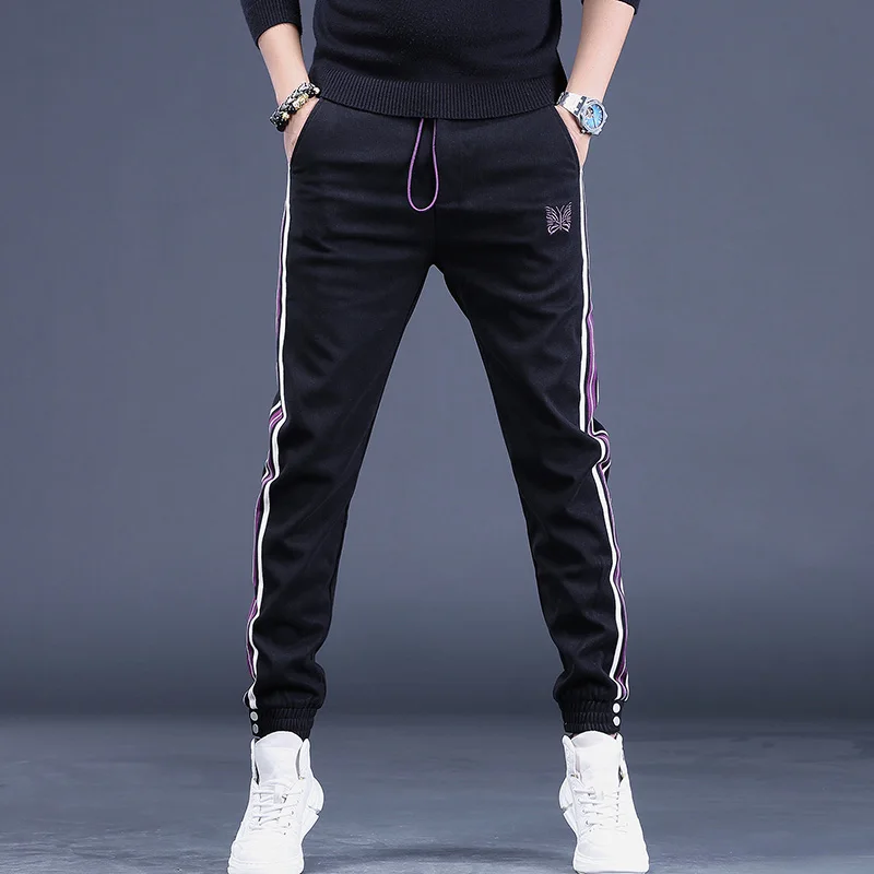 Fashion Side Stripe Sweatpants Men Sport Casual Pencil Pants Black Embroidery Elastic Waist Drawstring Jogging Trousers