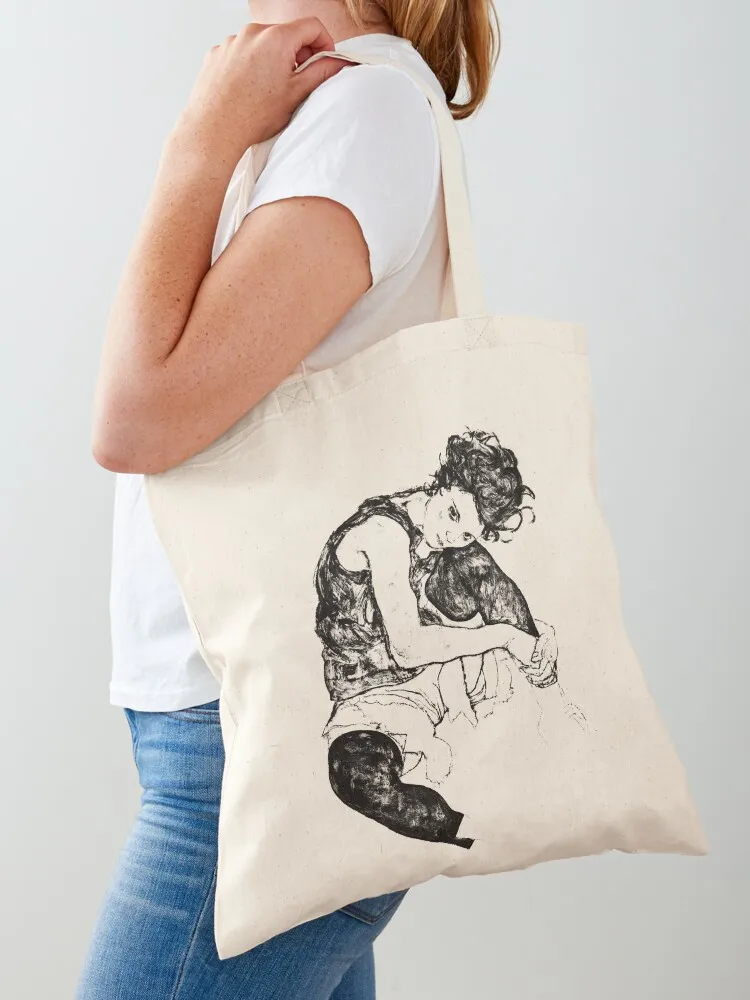 Egon Schiele, Woman Sitting Crossed Legs, (Sitting woman with raised knee), 1917 Tote Bag custom tote bag bag luxury women