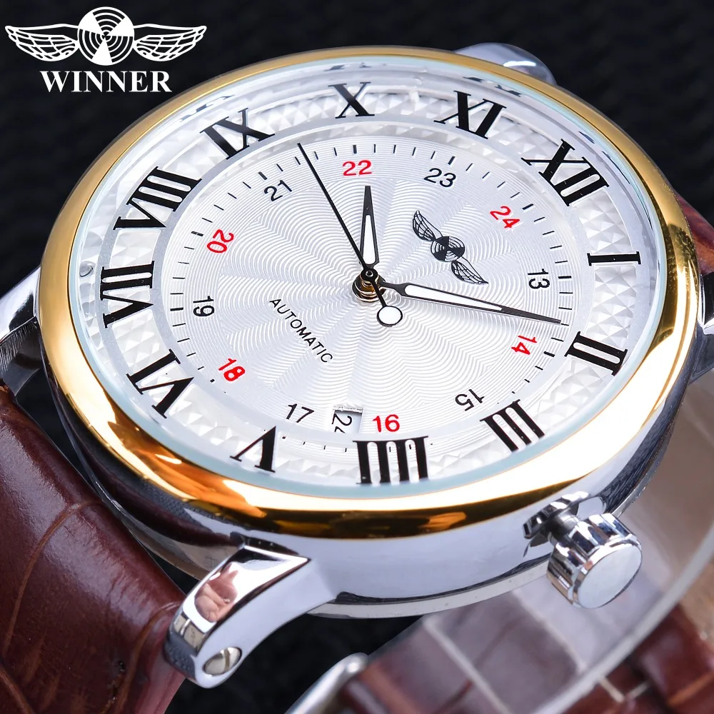 Relógio winner 2019, relógio estiloso branco dourado, exibição de data, pulseira de couro marrom, relógio automático mecânico para homens, marca de