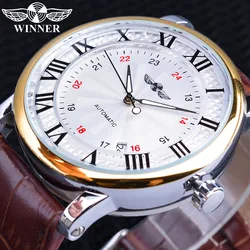 Winner 2019, horloge dorée blanche, affichage de la Date, ceinture en cuir marron, montres mécaniques automatiques pour hommes, Top marque de luxe