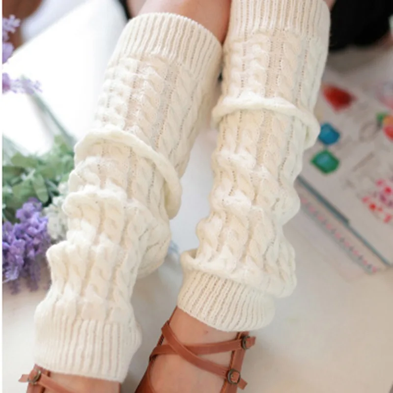 Women's Leg Warmer Lolita Long Socks Knitted Keep Warm Foot Cover Ladies Autumn Winter Black White Twist Crochet Socks Boot Cuff