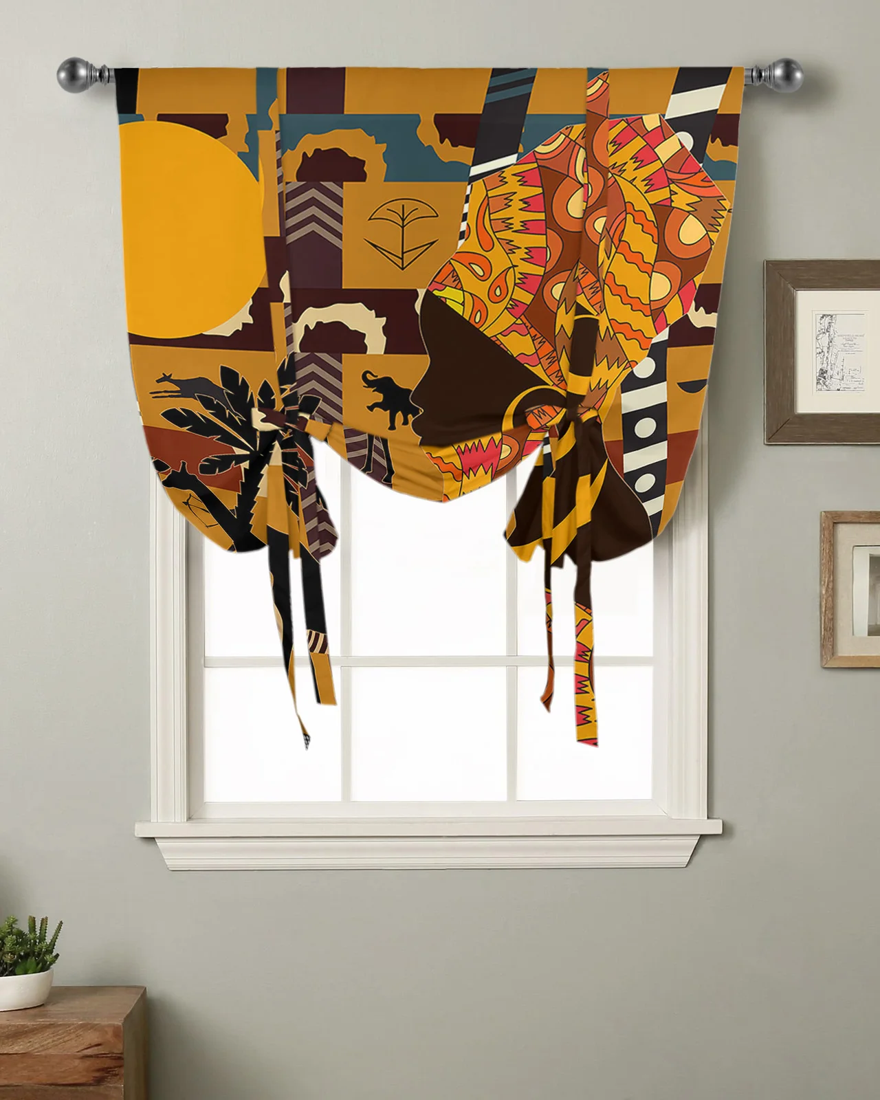 

African Woman Female Elephant Giraffe Kitchen Short Window Curtain Modern Home Decor Small Window Roman Tie Up Curtains