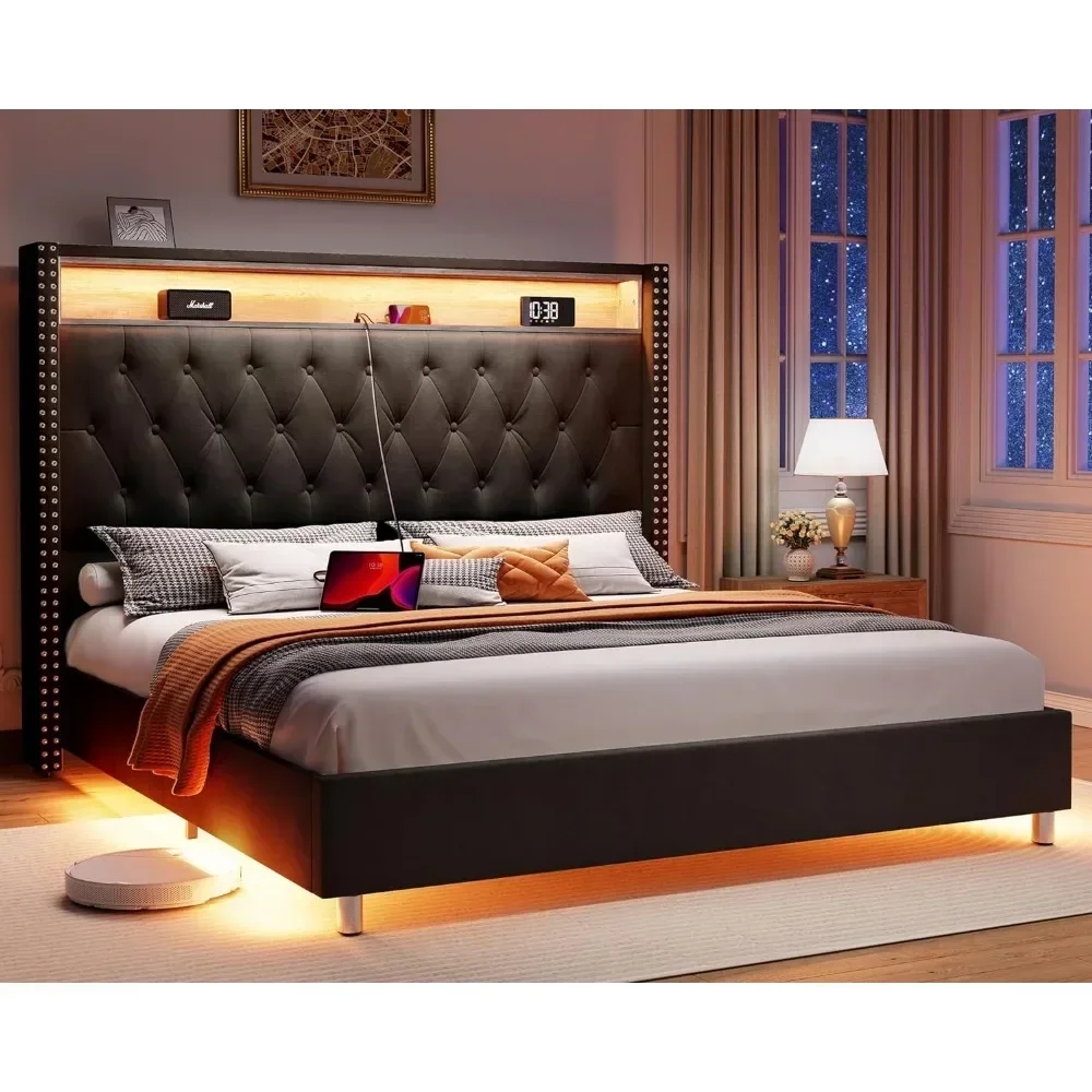 Bed Frame, Upholstered with Charging Station, Headboard Storage, Activated Night Light, No Need for A Spring Box, Bed Frame