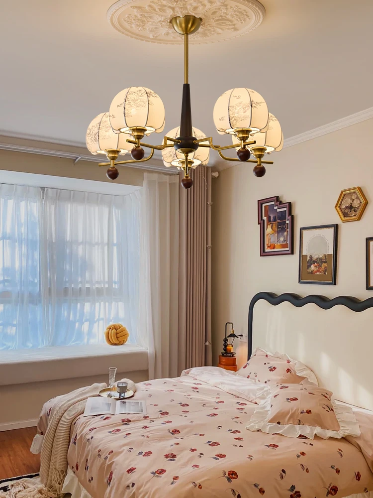 Creative Korean Palace-Style Chandelier Brass-Coloured Metal Patterned Fabric Shade Suitable For Living Room Bedroom Dining Room