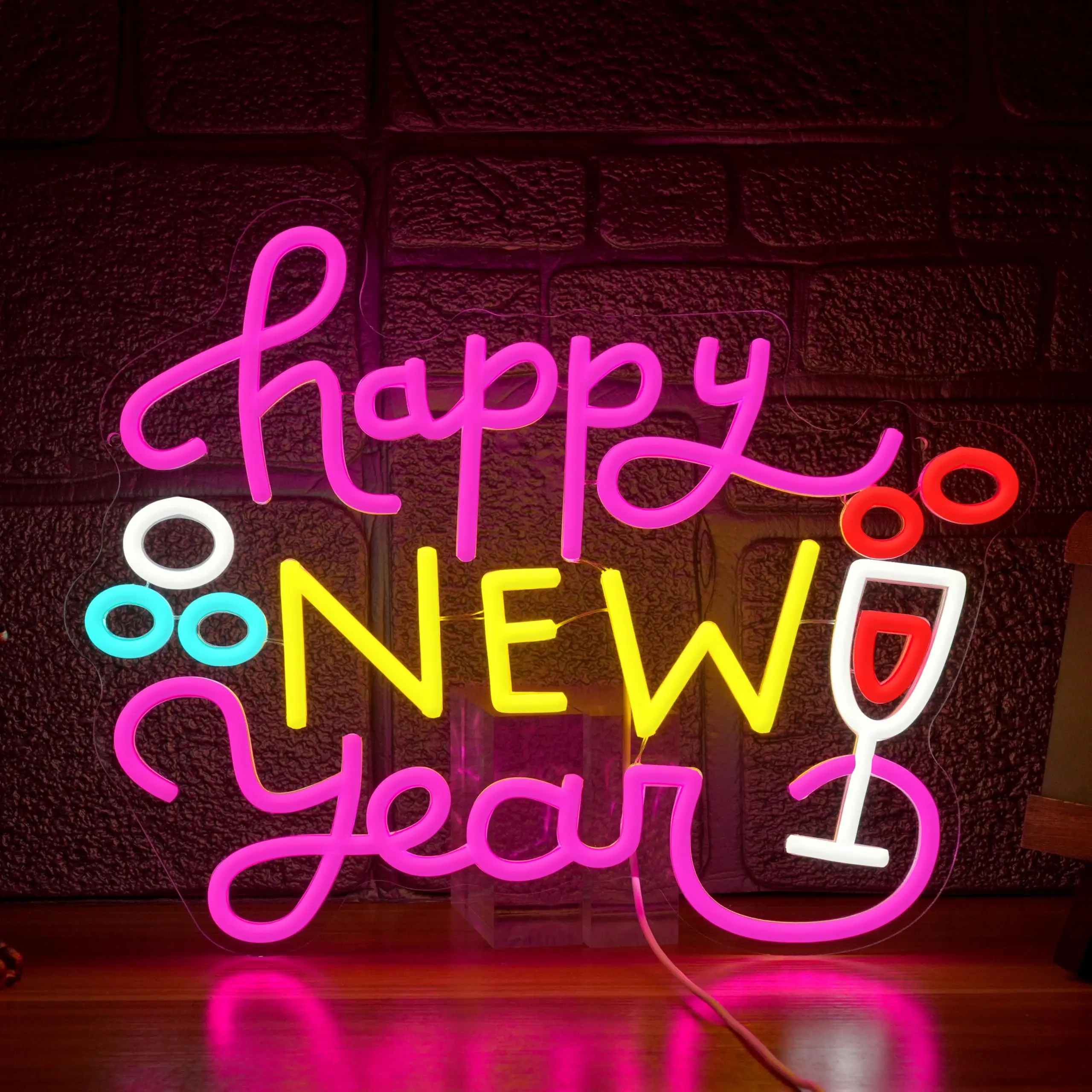 

Happy New Year Neon Sign USB Powered Dimmable Wine Glass Sign Colorful Letter Wall Decor for New Years Party Bedroom Decor