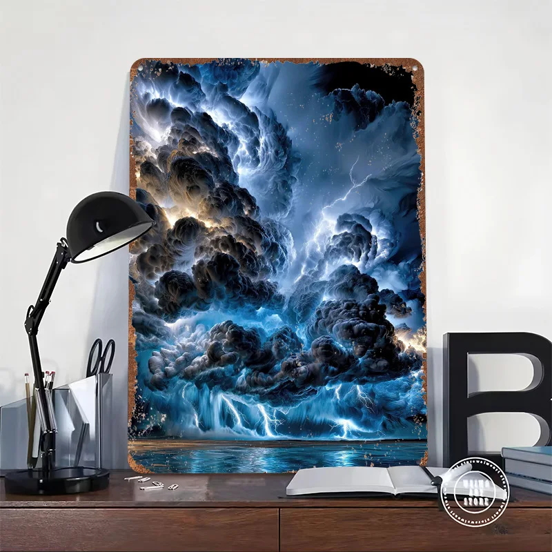 Dramatic Lightning Storm Over Ocean Poster Customized Vintage Metal Signs Wall Art Retro Tin Plaque for Bedroom Decorations Home