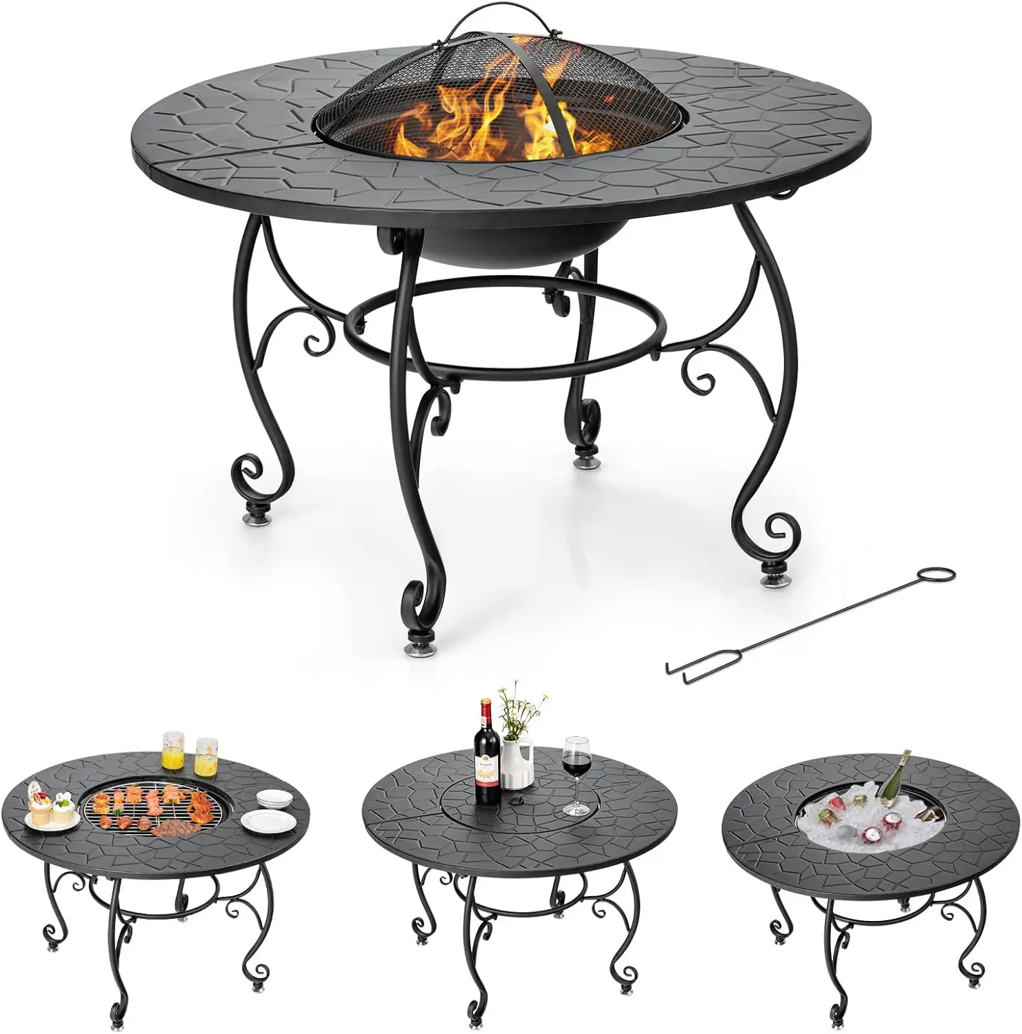 Bowl with Lid, Bonfire Wood Burning Fire Pit for Outside Backyard Deck Patio, Includes Cooking Grate, Log Grate and Fire Poker