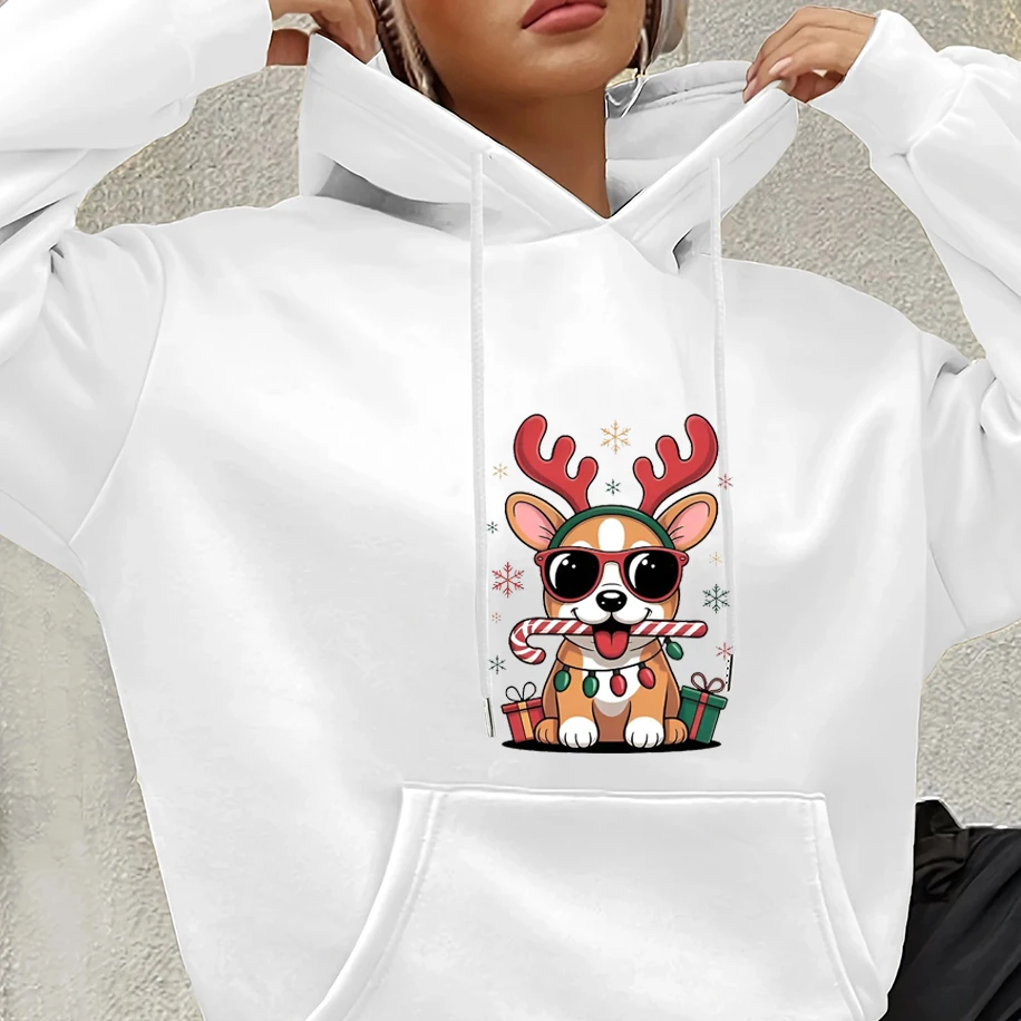 

Funny Cartoon Christmas Antler Corgi Print Unisex Hoodies Loose Casual Hip-hop Graffiti Men Women Pullover Simple Y2K Couple Top