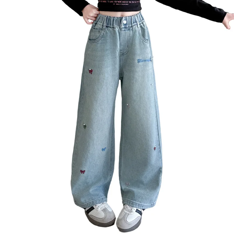 Wide Leg Jeans for Girls 2025 Autumn Pants for Kids Bow Embroidery Design Fashion Casual School Teenage Children Trousers 4-15Y