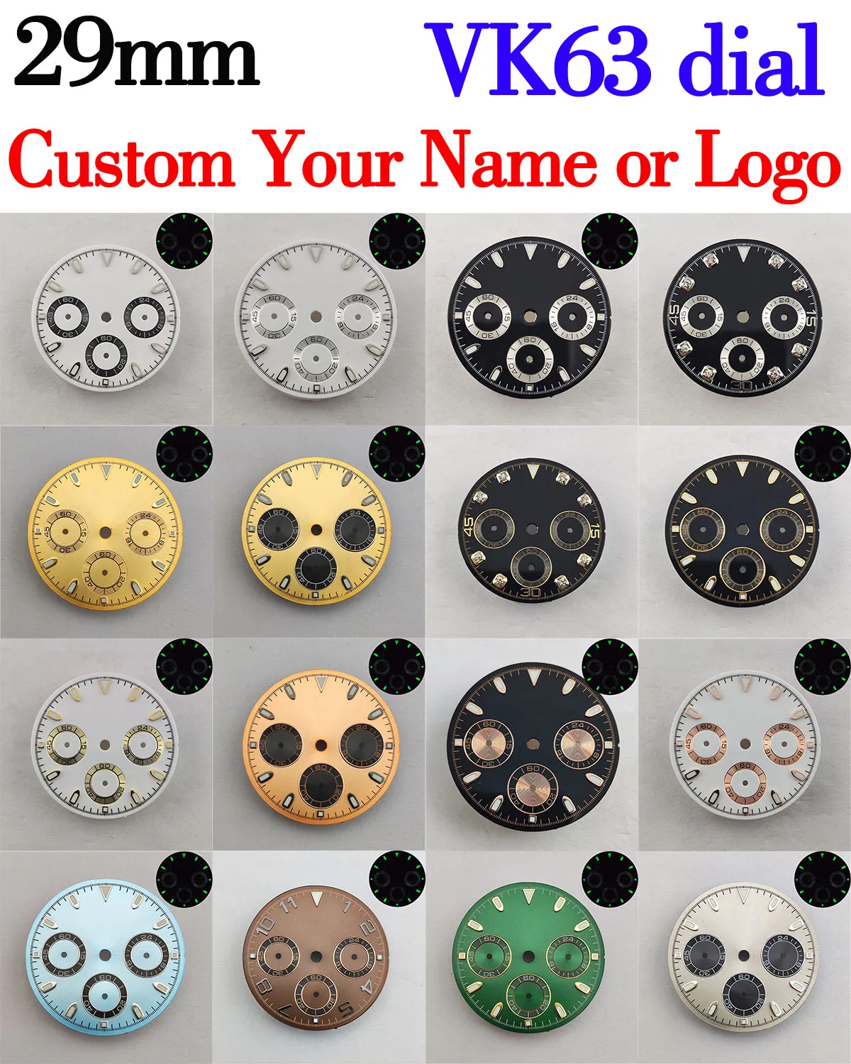 

29mm VK63 Dial Panda Dial Luminous custom logo Dial vk63 Case Quartz Watch dial fit VK63 Movement chronograph Watch Accessories2