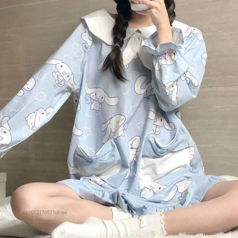 Sanrio Cinnamoroll Kawaii Loose Y2k Woman Dress Spring Autumn Sweet Cartoon Oversize Pijamas Korean Style Sleepdress Clothes