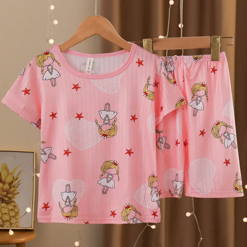 Pajama Short Sleeved Set, Summer Thin, Casual Baby Home Clothing Two-piece Set for Small and Medium-sized Children