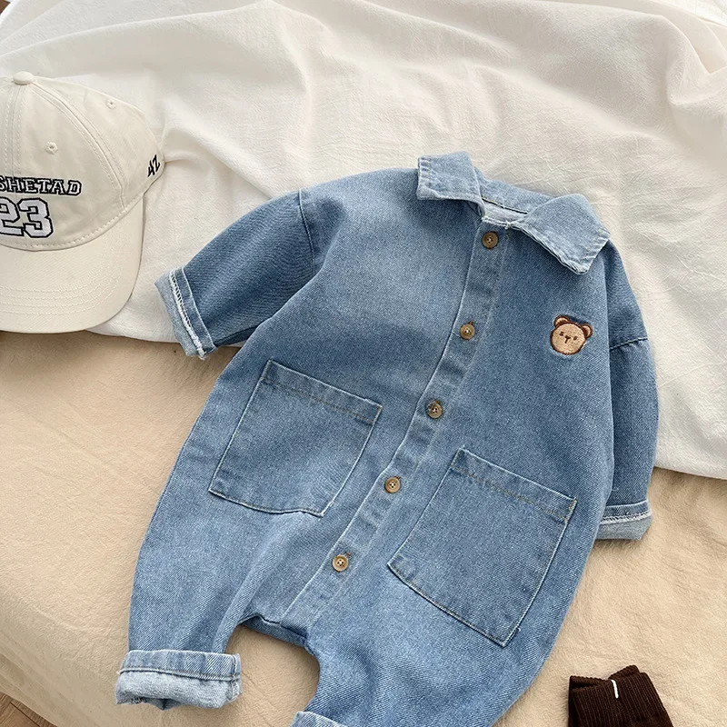 Baju monyet bayi laki-laki perempuan, jumpsuit Denim pakaian untuk bayi dan bayi baru lahir Super lucu luar ruangan pakaian merangkak