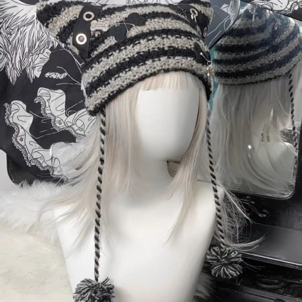 Y2k ثقافة فرعية فتاة قبعة Harajuku أرنب الأذن قبعات القوطية الشرير Kawaii الخريف 2025 الدافئة شريط نمط قبعة الدفء قبعة 2025