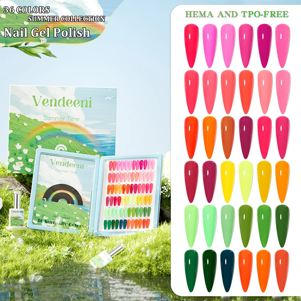 

Vendeeni 36 Colors/set Red Green Summer Series High Pigment Pure Color Crystal Gel Nail Polish With Color Card TPO/HEMA FREE