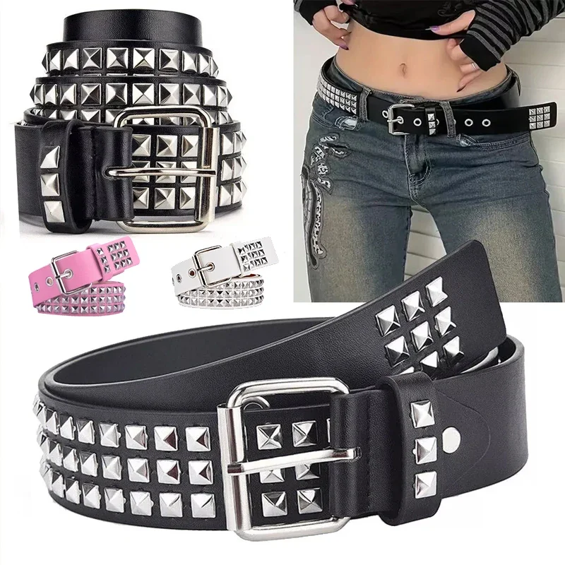 Retro Square Bead Rivet Belt Men Women Universal 3-row Pyramid Inlaid with Silver Punk Gothic Belt Hip Hop Dance Accessories