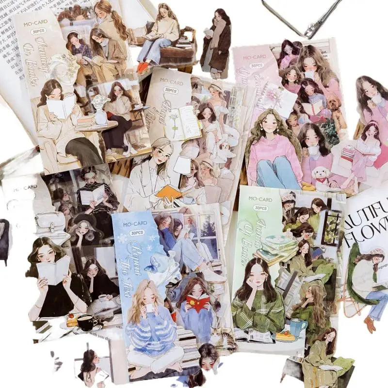 30Pcs Decorative Reading Girl Stickers, Aesthetic Album Decals, Essential Scrapbooking Materials