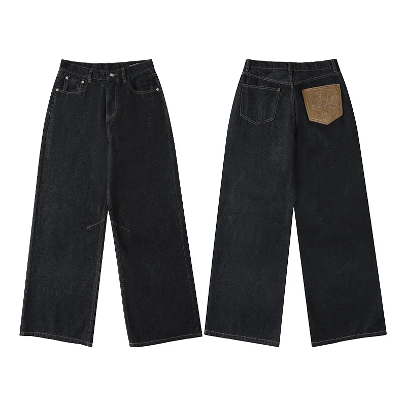 American Style Men's Black Jeans Clean Fit Casual Clorblock Patchwork Design Back Pockets Baggy Straight Denim Pants CN1X