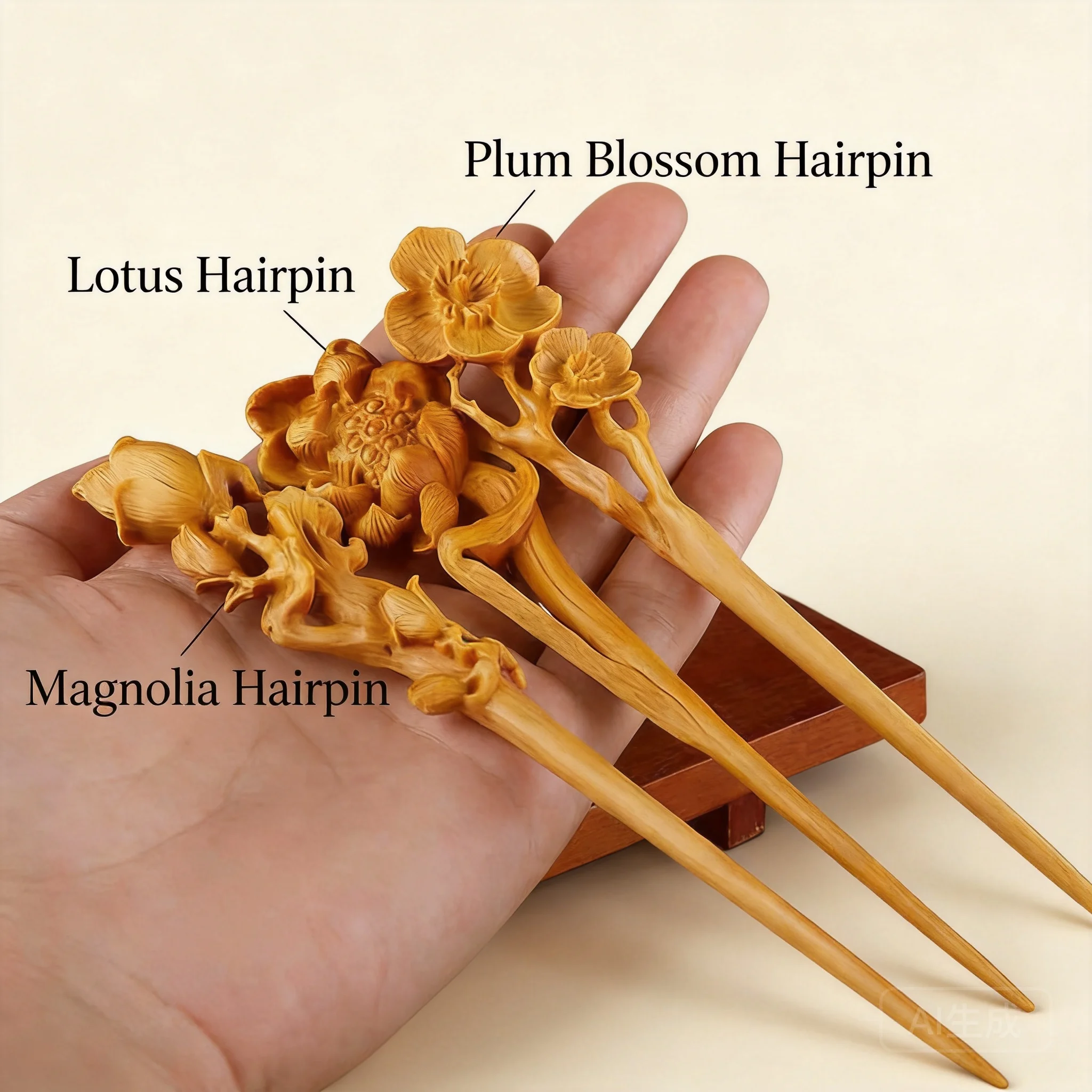 Chinese Style Hand Carved Boxwood Hair Stick Lucky Auspicious Plum Blossom Lotus Magnolia Butterfly Flower Hairpin Retro Traditi