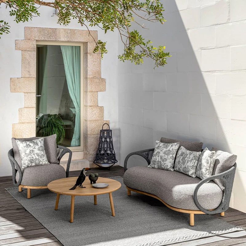 

Leisure Outdoor Furniture Wooden Garden Sofa Set for Villa Poolside Rope Ring Armrests Rope Woven Sofa Set
