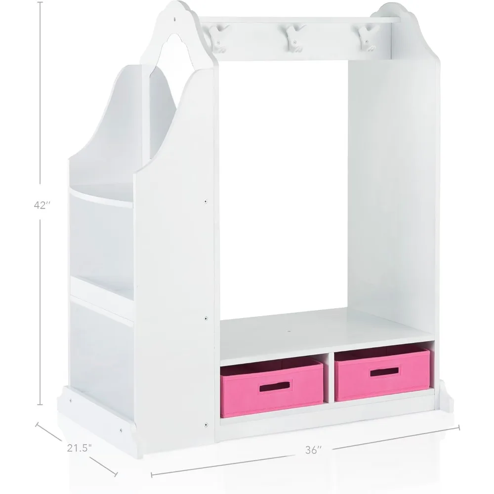 Dress Up Vanity – White: Dresser, Armoire with Storage Bins and Mirror for Kids,Toddlers Playroom Organizer, Children Furniture