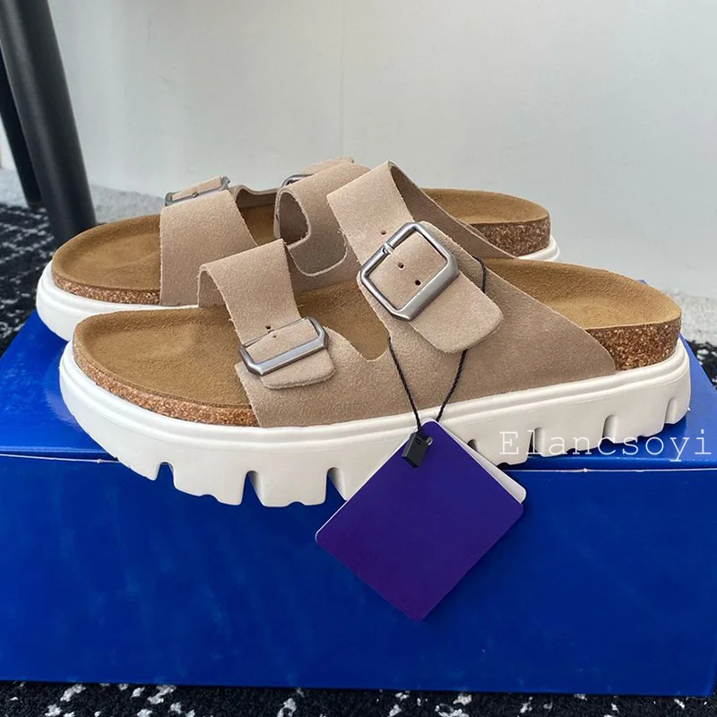 Summer Women\'s Artificial Suede Solid Color Slippers Thick Soled Waterproof Platform Sandals Outdoor Leisure Vacation Dress Shoe