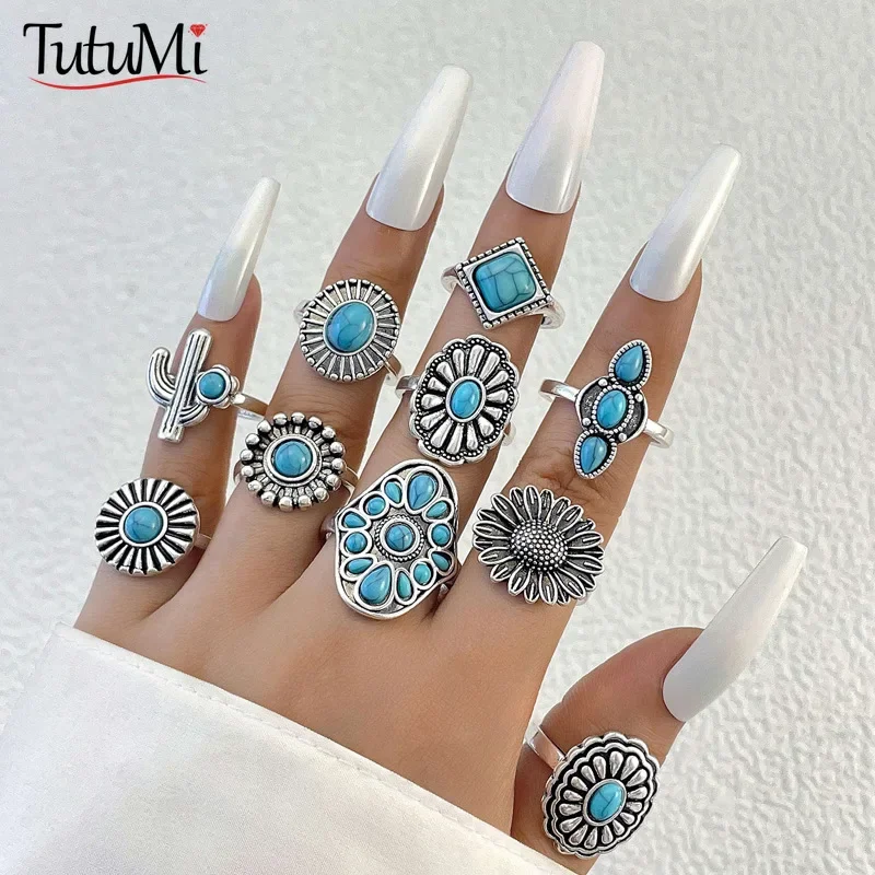 Women's Rings Ethnic Vintage Set Turquoise Carved Feather Rings Anniversary Gift Fashion Personality 8 Piece Combo Ring Set