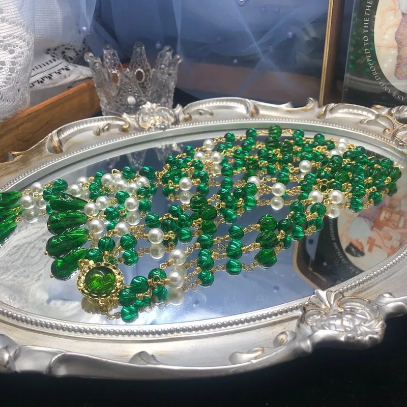 

New Chinese Emerald Glazed Bead Sweater Chain Long Necklace Plated Real Gold Fashion Premium Lock Fringe Accessories