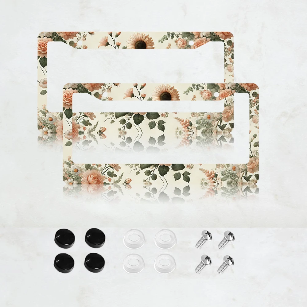 

2 шт. винтажные рамки для номерных знаков с цветочным узором, алюминиевые, с винтовыми заглушками