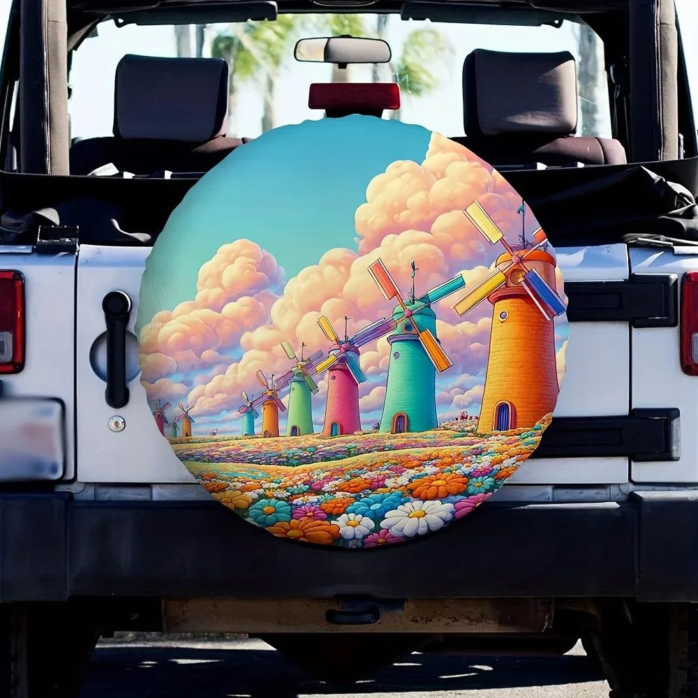 

Windmill Floral Landscape Tire Cover Durable Polyester Spare Wheel Protector for SUV Trailer