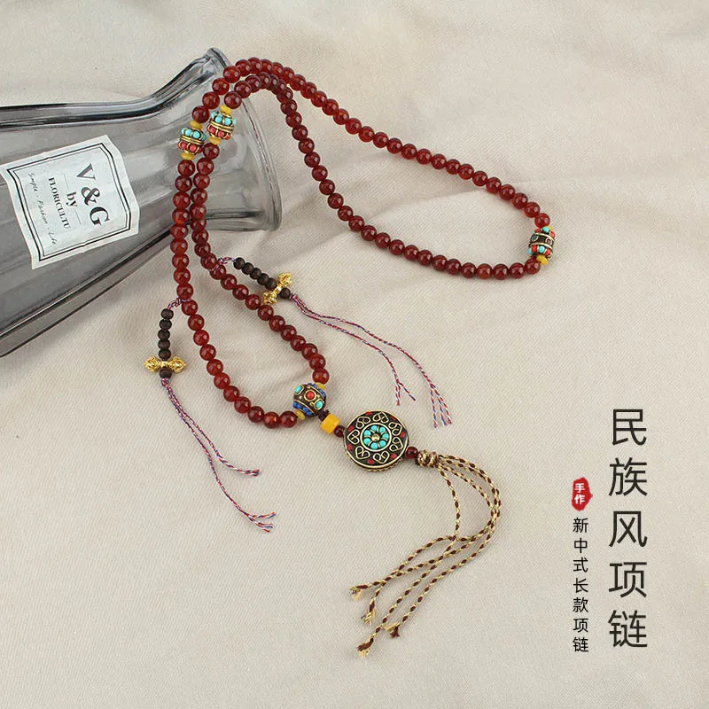DIY accessories Vintage Nepalese fringed pendant necklace women's new Chinese beaded long sweater chain versatile ethnic style a