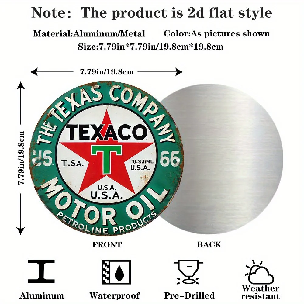 2D Flat - Vintage Texaco Motor Oil Logo Aluminum Sign - 19.79cm Round Retro Wall Art with Red Star & Green Background, Durable R