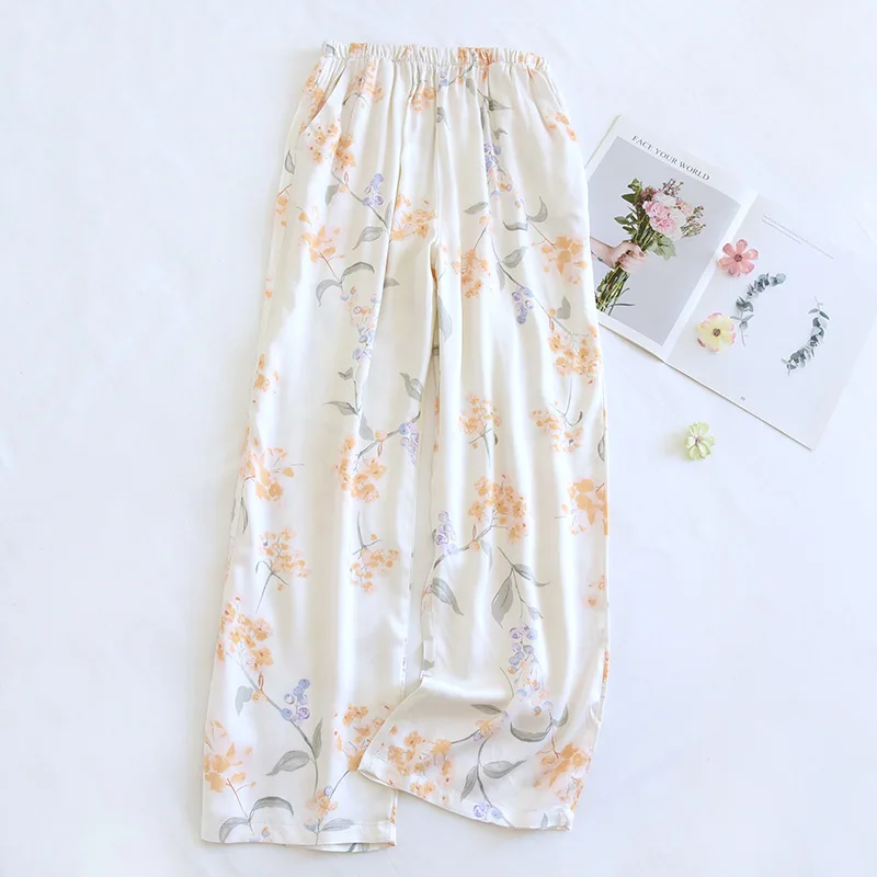 2024 Summer New Women\'s Sleeping Pants Viscous Fiber Gongsatin Thin Wide Leg Pants Printed Loose Mouth Home Pants Ladies Cute