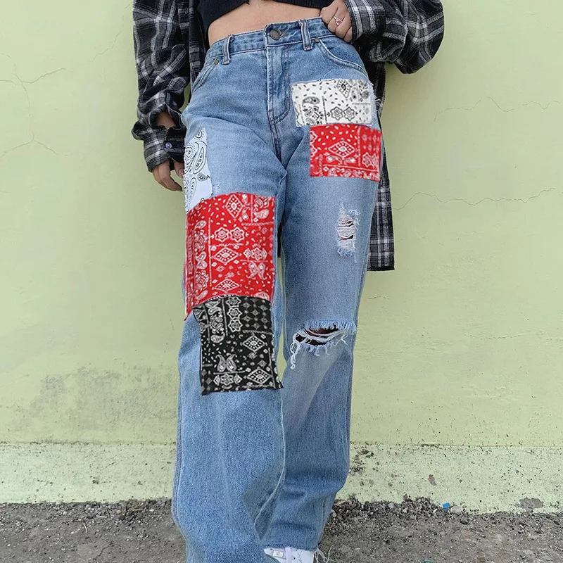 2023 New Fashion Streetwear Bandana Patchwork Denim Pants Hole Ripped Jeans Women Fashion High Waist Jeans Straight Trousers