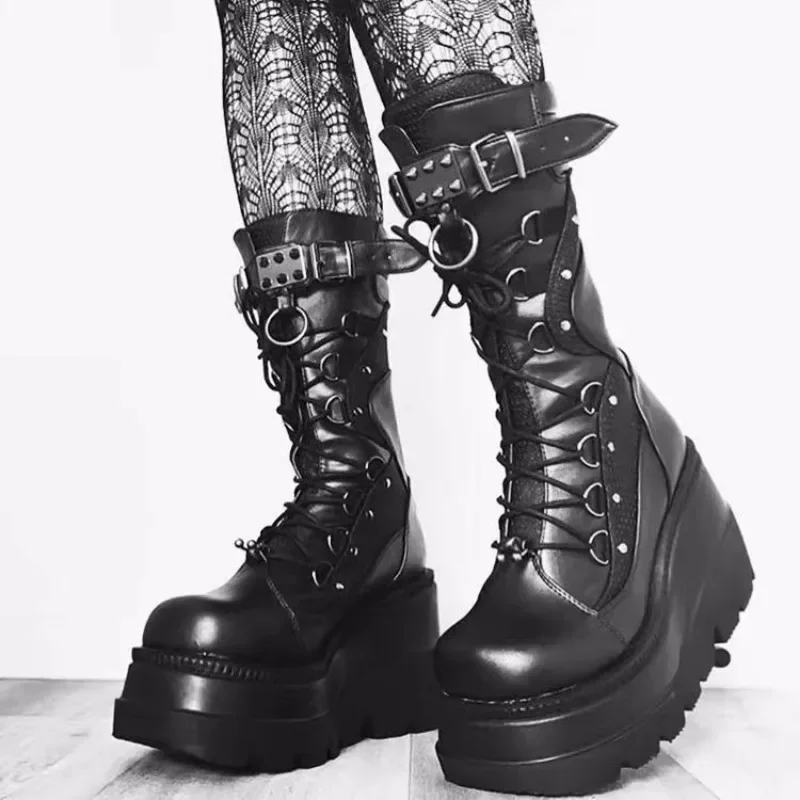 2023 Autumn Winter Sale Punk Halloween Witch Cosplay Platform High Wedges Heels Black Gothic Calf Boots Women Shoes Big Size